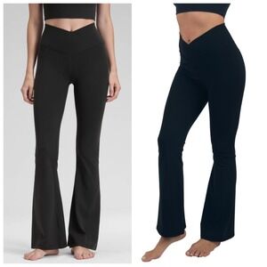 AYM Studio Black Flare Leggings V Waist High Rise Yoga Pants Bamboo Stretch L
